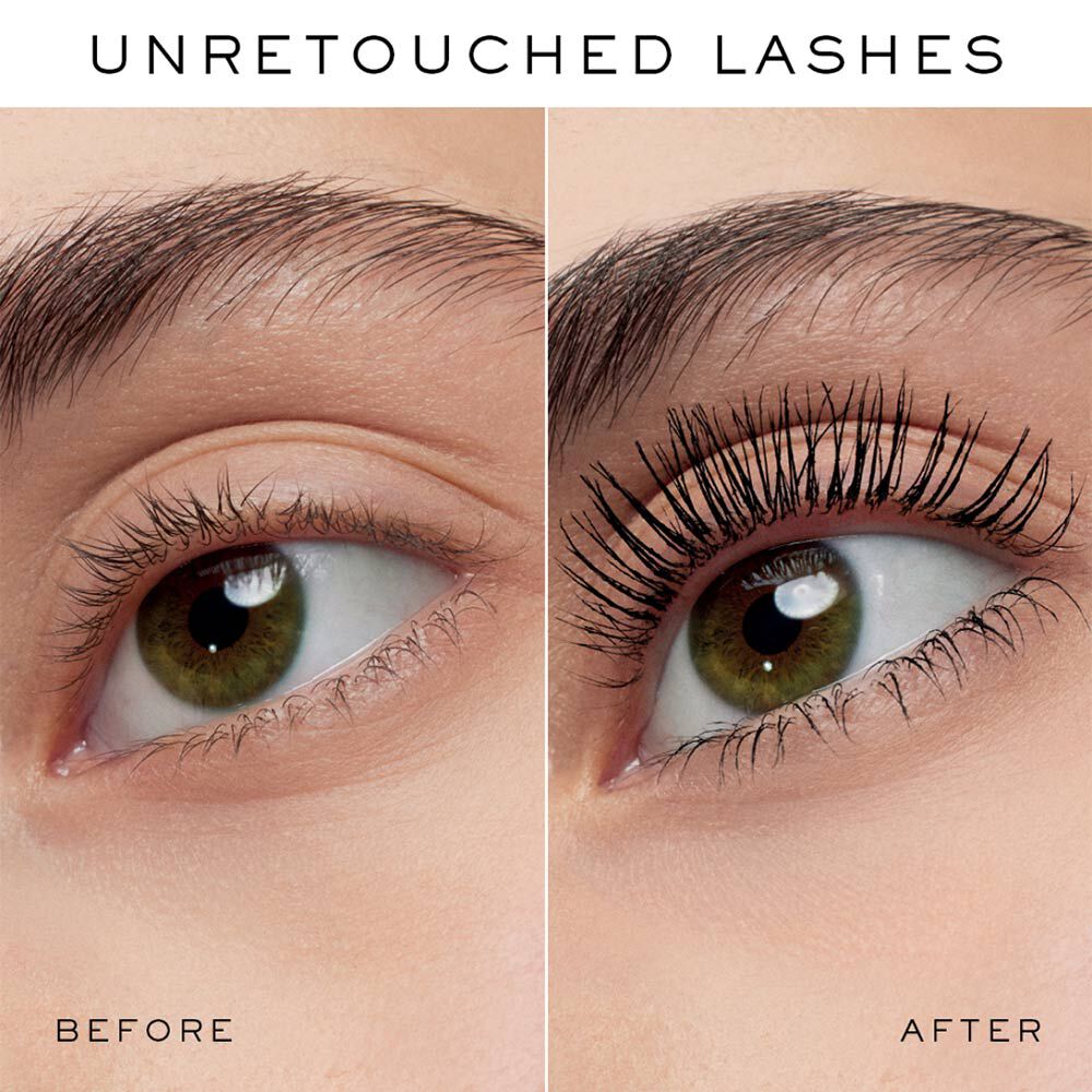 Преди и след снимка на мигли без редакция, показваща естествени и подчертано удължени мигли.