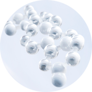 A close-up of translucent spheres representing molecules, set against a soft, light background.