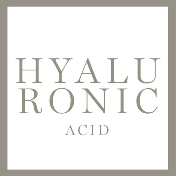 Text logo featuring the words "HYALURONIC ACID" in a stylized font, set against a plain white background with a grey border.
