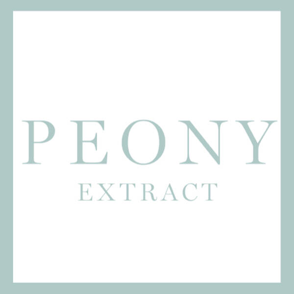 Text-based logo featuring the word "PEONY" in large, soft green letters, with the word "EXTRACT" below it in a smaller size, all set against a white background with a light green border.