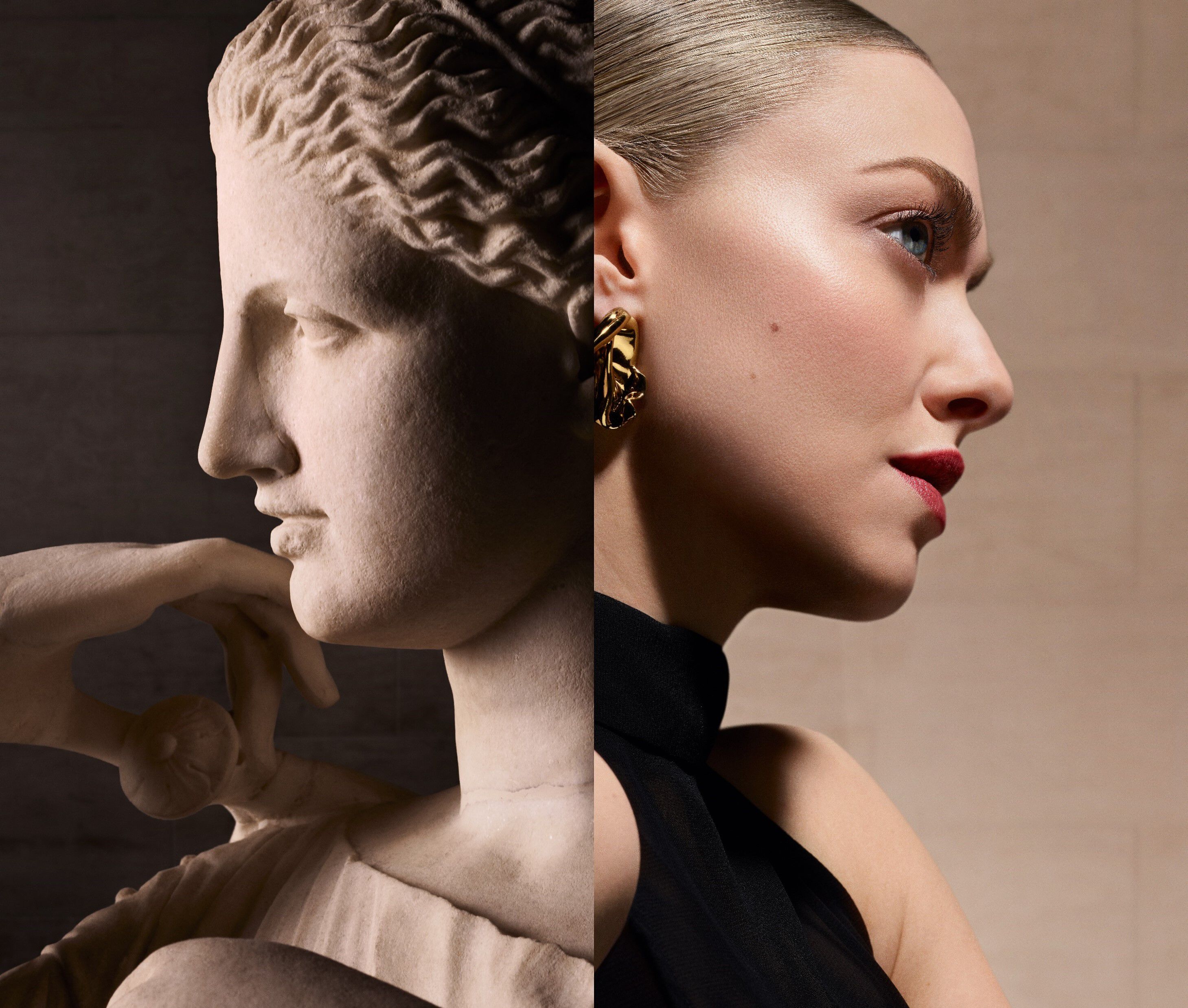 A split image featuring a classical marble sculpture of a woman's profile on the left, contrasted with a modern woman in profile on the right, showcasing elegance and beauty in both forms.
