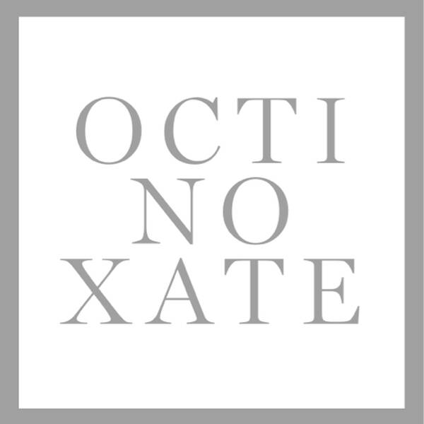 A minimalist design featuring the word "OCTINOXATE" arranged vertically and spaced apart in a light gray font against a white background, enclosed in a gray border.