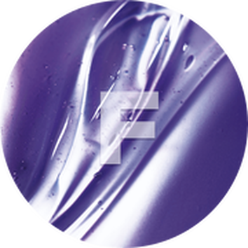 Абстрактна текстура в лилав цвят с плоска буква 'F' в центъра на кръгъл фон.