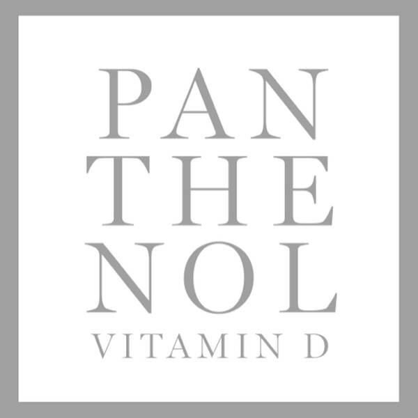 A minimalist design featuring the words "PANTHENOL" and "VITAMIN D" in a modern, serif font, set against a light background.