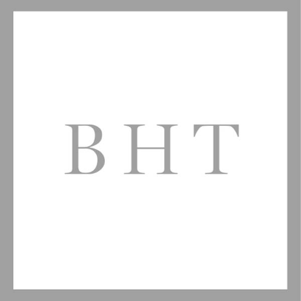 A minimalist design featuring the letters "BHT" in light gray on a white background, surrounded by a gray border.