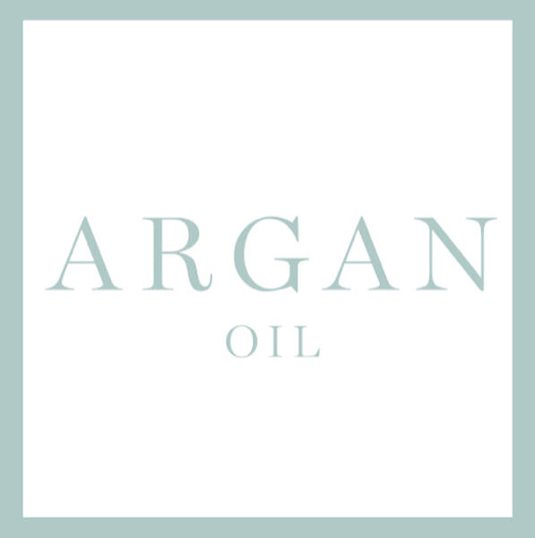 A minimalist design featuring the text "ARGAN OIL" in a light blue font on a white background, enclosed in a light blue square frame.