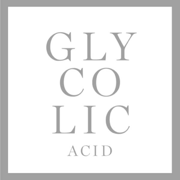 Text-based logo featuring the words "GLYCOLIC ACID" in a modern font, with "GLYCOLIC" in larger uppercase letters and "ACID" in smaller letters below. The design is framed with a simple gray border.