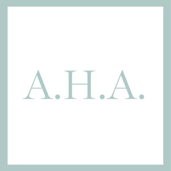 A simple, light blue square featuring the letters "A.H.A." in an elegant font centered on a white background.