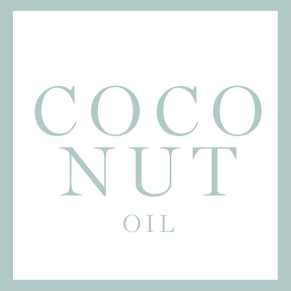 A minimalist design featuring the words "COCONUT OIL" in elegant typography, centered in a light blue frame on a white background.