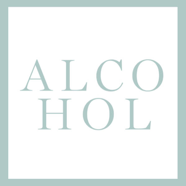 Text in a light teal color spelling "ALCOHOL" on a white background, framed with a light teal border.