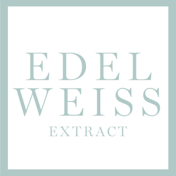 A light teal square featuring the words "EDELWEISS EXTRACT" in bold, uppercase letters, centered in a clean, modern font.