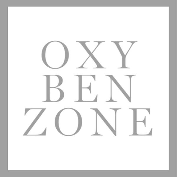 Stylized text that reads "OXYBENZONE" in a clean, modern font, centered within a square border.